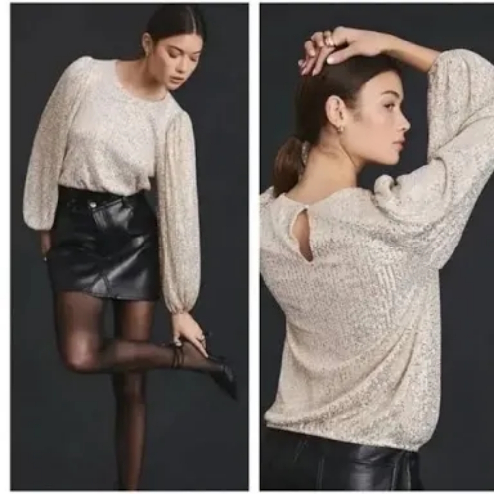 Anthropologie Flat White Long Sleeve Sequin Top Cream XLP - Picture 5 of 8